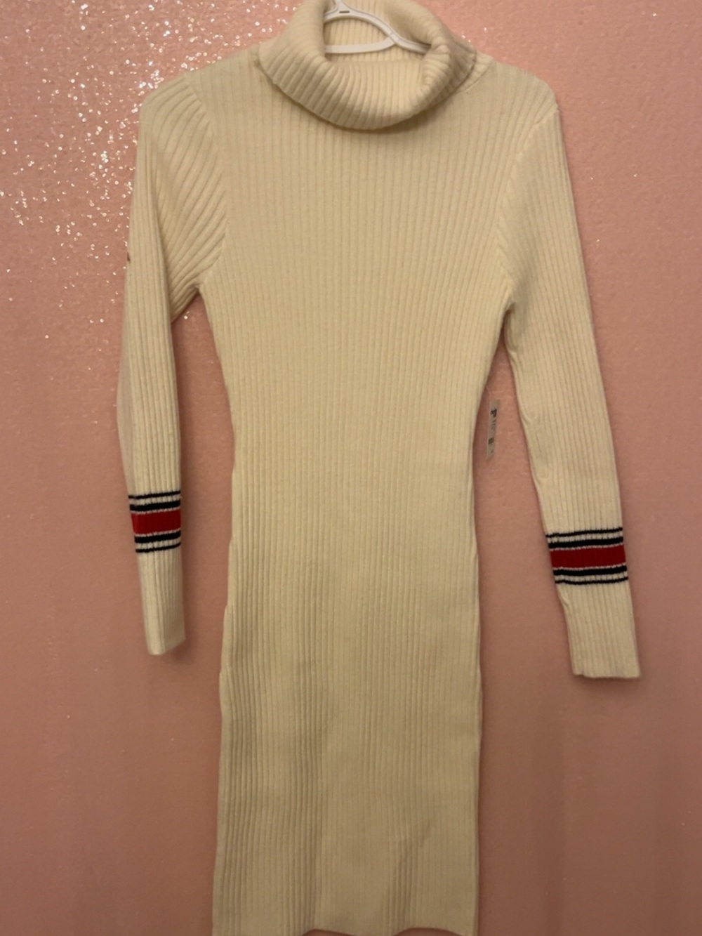 Charlotte Russe Cream Ribbed Turtleneck Sweater Dress with Striped Cuffs - Picture 1 of 2